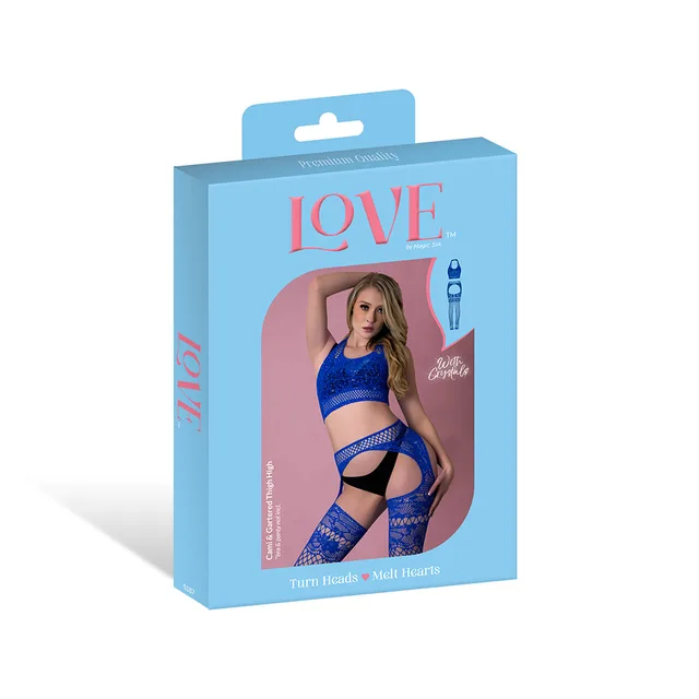 Magic Silk seamless blue cami gartered thigh high set displayed in blue retail packaging