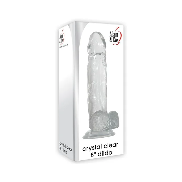 Adam & Eve Crystal Clear 8-inch dildo upright inside white retail box