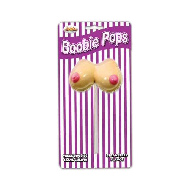 Hott Products Boobie Pops Strawberry Lollipop beige and pink candy on purple striped card