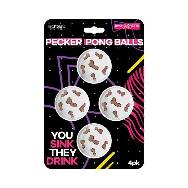 four white Pecker Pong Balls with brown print on black neon retail card