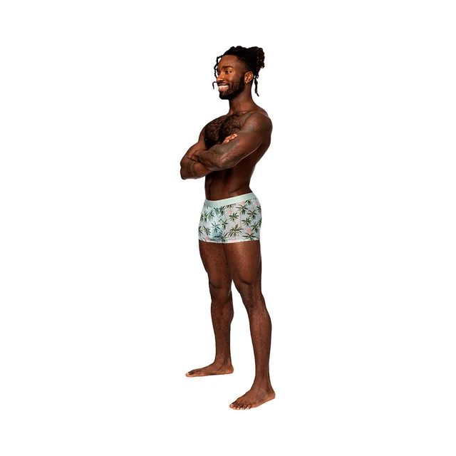Front view of teal flamingo print sheer short in small