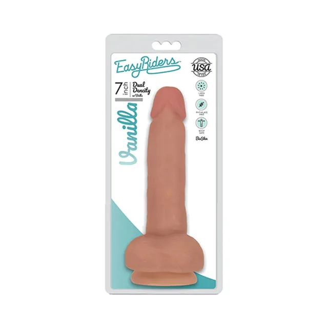 Curve Novelties Easy Riders 7-inch beige dildo white-and-teal blister package with vanilla label and full product visible