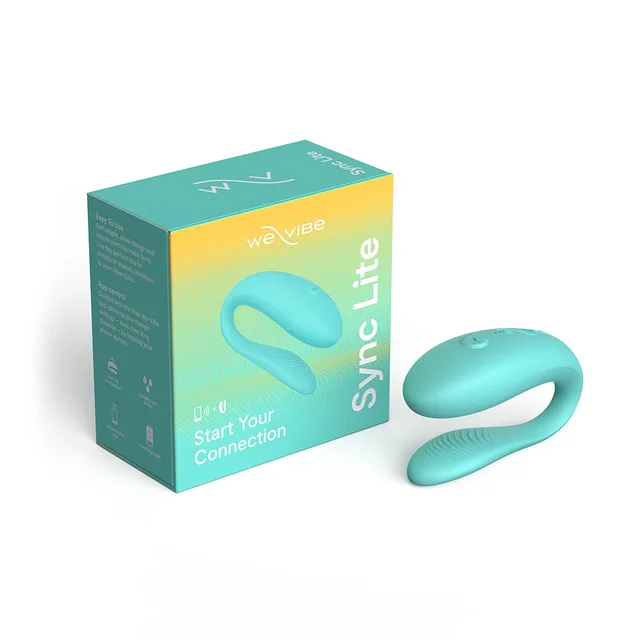 We-Vibe Sync Lite aqua C-shaped couples vibrator beside aqua retail box