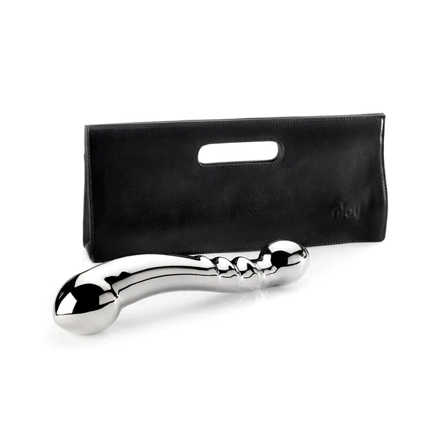 polished Njoy Eleven double-ended steel dildo beside an open black carrying case