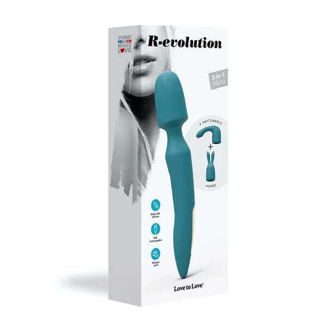 Teal Lovely Planet R-evolution 3-in-1 wand vibrator in white box