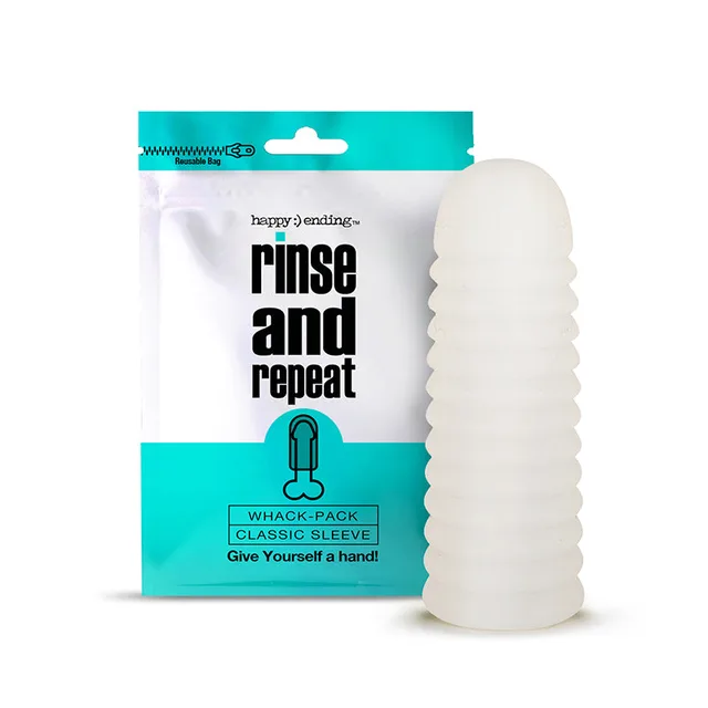 Rinse and Repeat Sleeve pouch beside white tapered stroker