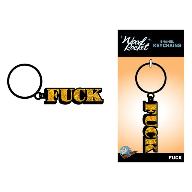 Wood Rocket gold FUCK metal keychain on retail card