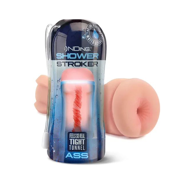 Happy Ending ass shower stroker with blue package and beige sleeve
