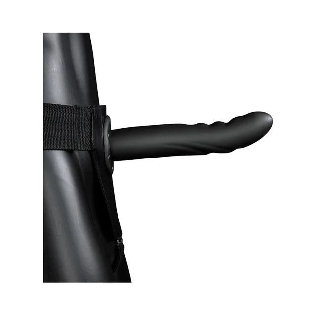 Black curved textured strap-on worn with webbing harness