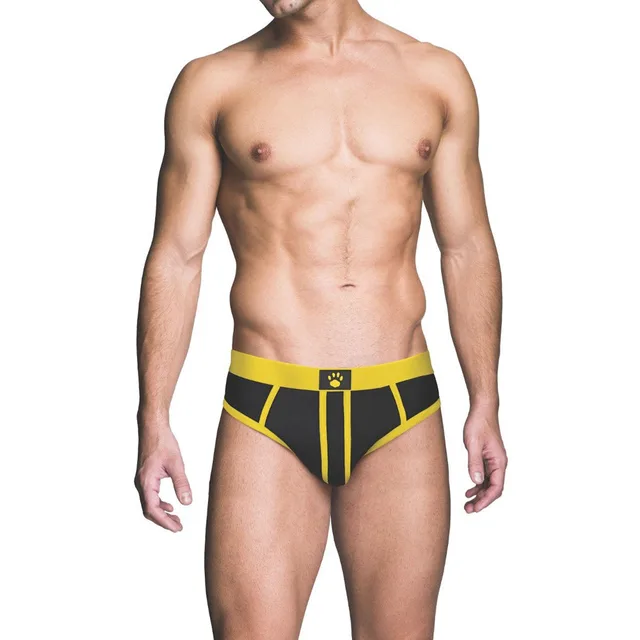 Front of black and yellow Prowler RED pouch brief size S