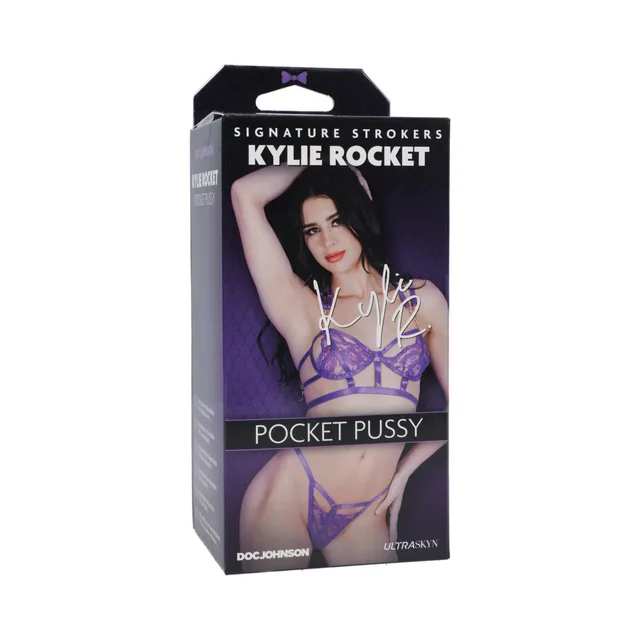 Kylie Rocket Signature ULTRASKYN pocket stroker in black and purple package