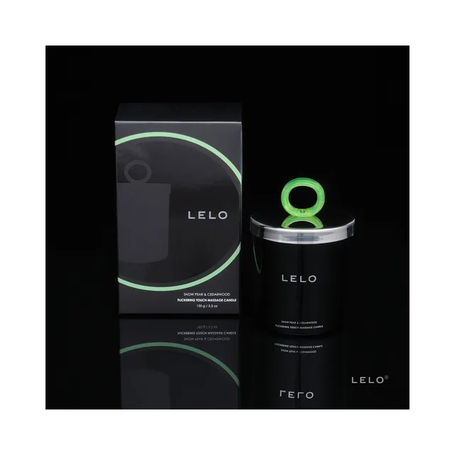 LELO Snow Pear and Cedarwood candle jar beside black retail carton