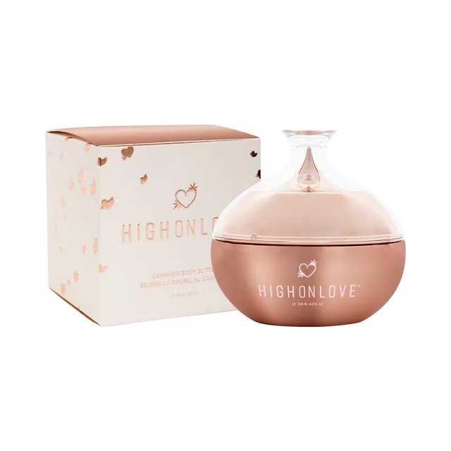 rose-gold HighOnLove Canna Body Butter jar beside cream butterfly carton