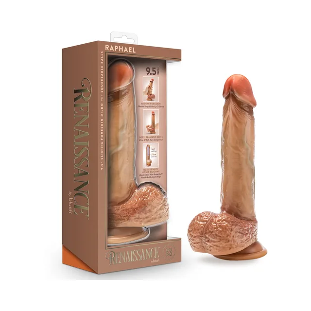 tan Renaissance Raphael dildo with sliding foreskin and textured balls beside box