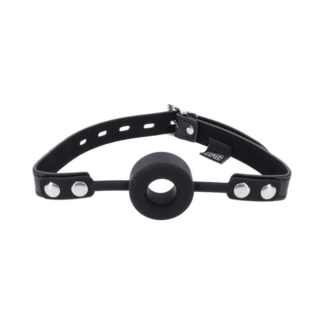 Front angled view of black Edge Ring Gag with silver snaps