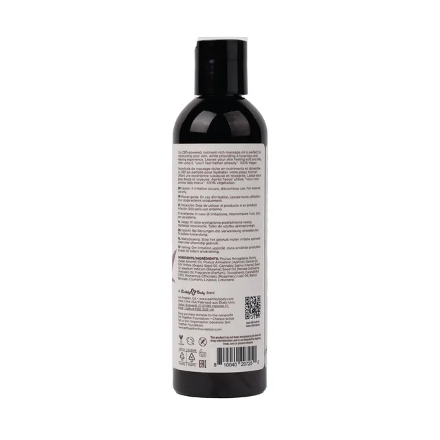 Back label of 8 oz Earthly Body Lavender massage and body oil