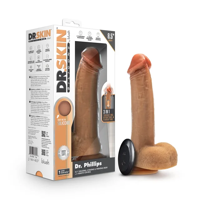 tan Dr. Skin Dr. Phillips dildo with black suction base and remote beside retail box
