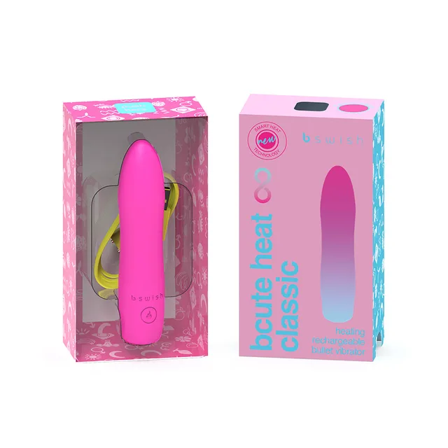 Sunset-pink B Swish Bcute Heat vibrator shown inside two colorful boxes