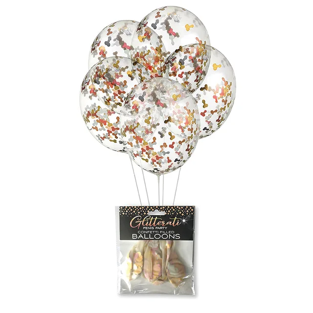 Five clear Glitterati balloons with metallic confetti and retail packet
