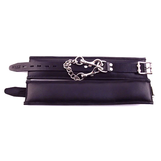 Rouge black padded leather ankle cuffs with buckle straps and chain