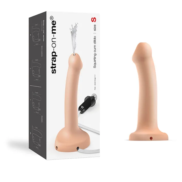 Lovely Planet Strap-On-Me small vanilla squirting dildo beside retail box with inlet port visible