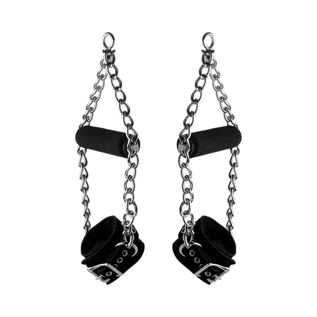 Strict Leather black suspension cuffs with grips isolated pair with chain triangles