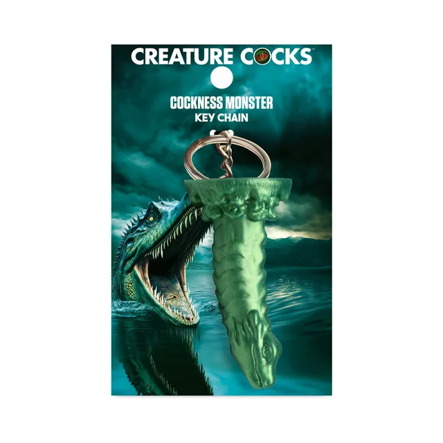 green Cockness Monster tentacle keychain with silver-tone ring on card