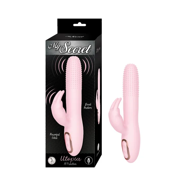 Pink My Secret Utopia dual-arm vibrator beside black window box
