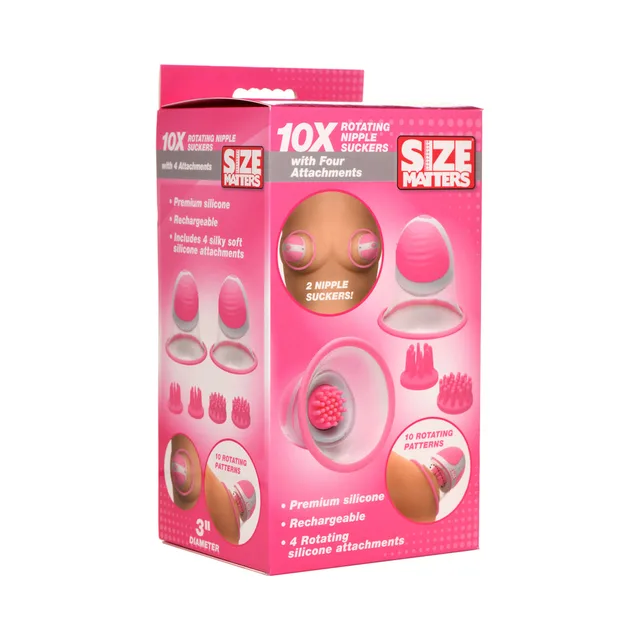 pink Size Matters 10X rotating nipple suction set with four attachments on box