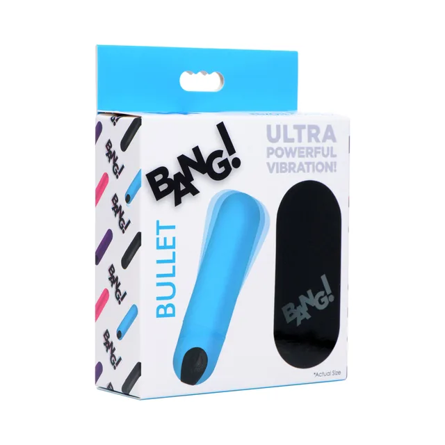 blue BANG silicone bullet vibrator with black wireless remote pictured on box