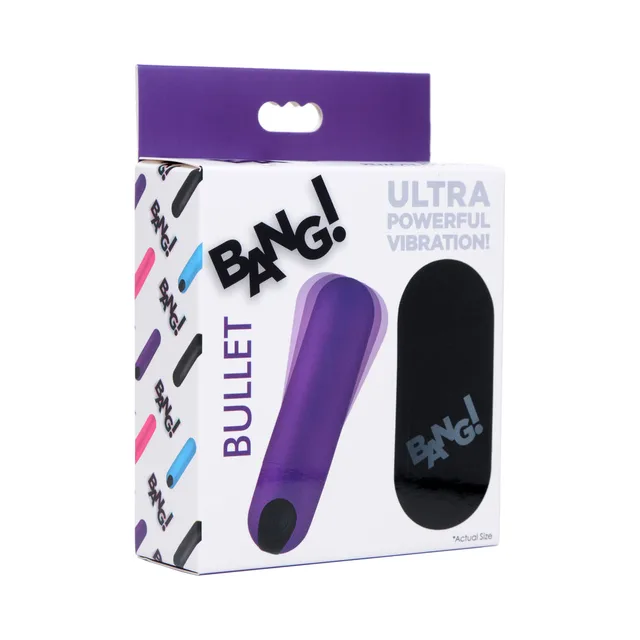 purple BANG silicone bullet vibrator with black remote shown on white box