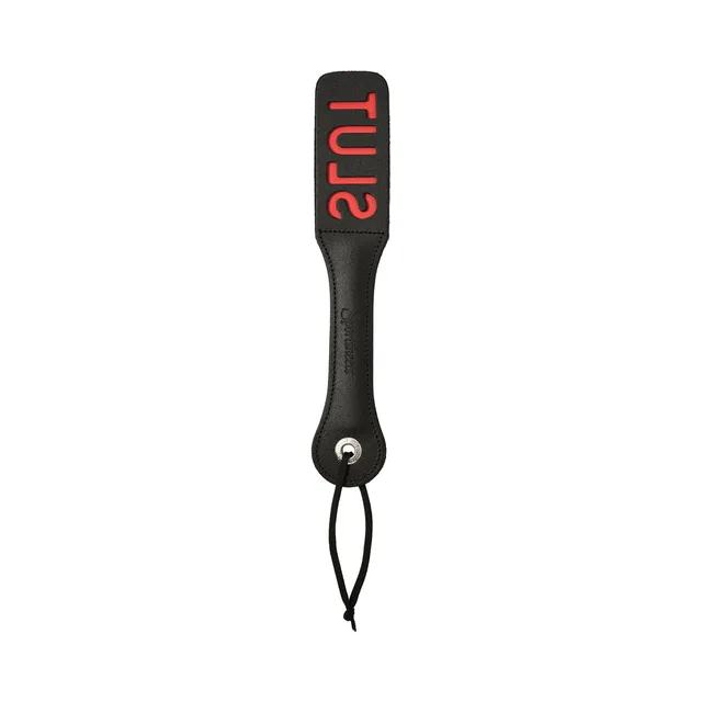 black Sportsheets leather paddle with red SLUT lettering and hanging loop
