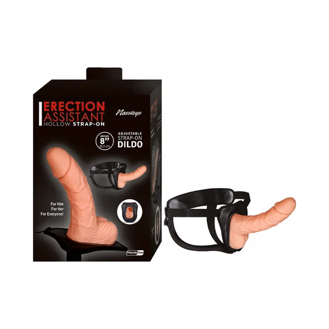 Nasstoys Erection Assistant hollow dildo and black harness beside retail box