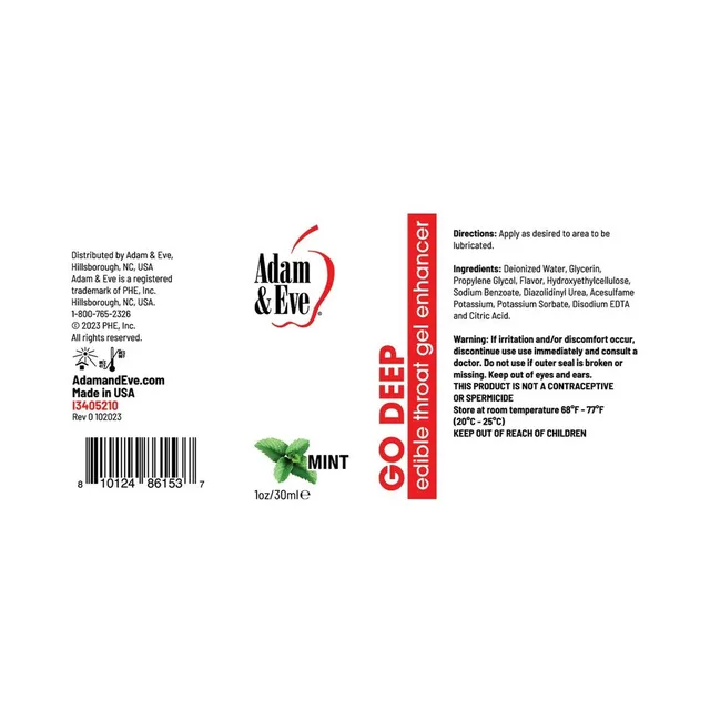 Adam & Eve Go Deep clear mint gel 1 oz flat label showing mint graphic ingredients and red product name