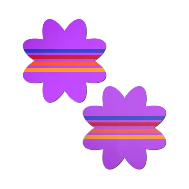 Pastease purple petal retro stripe breast pasties matching pair with scalloped petals and horizontal multicolor stripes