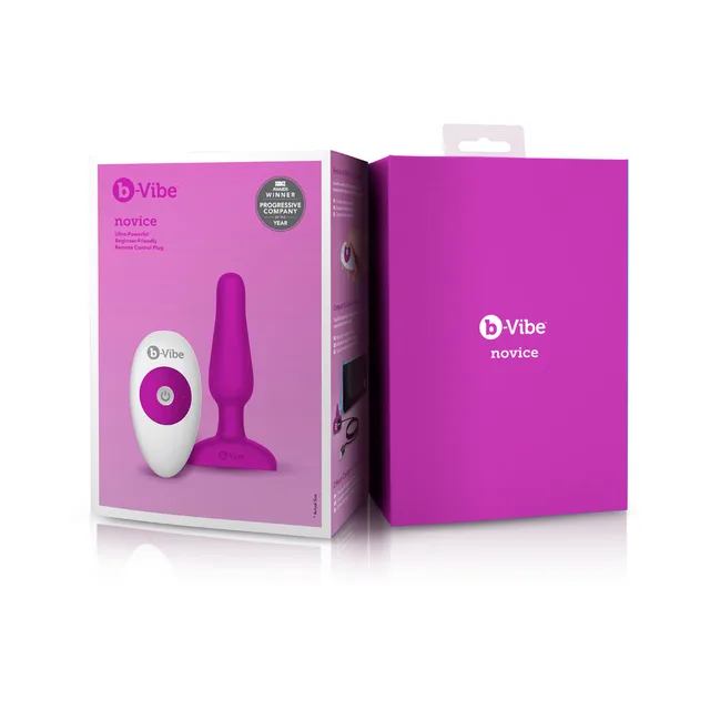 b-Vibe Novice Fuchsia Silicone Plug retail carton beside purple presentation box