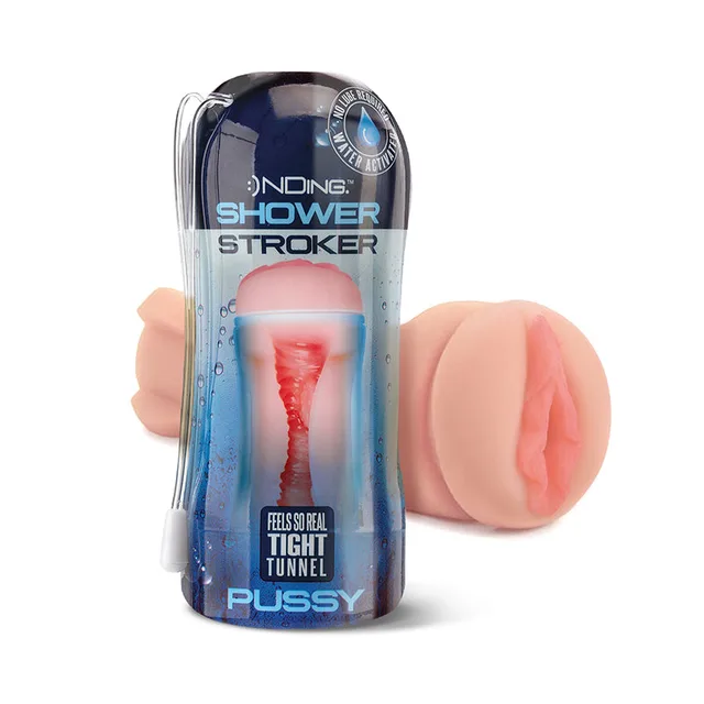 Happy Ending pussy shower stroker with blue package and beige sleeve