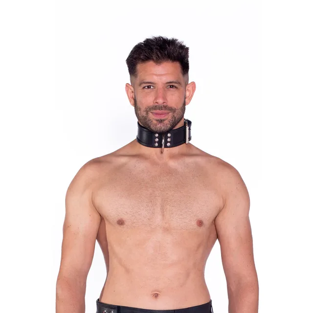 Front view of Prowler RED S/M black leather collar worn with three metal rings