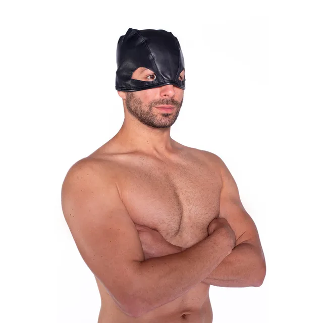 Front view of black Prowler RED executioner hood with horizontal eye opening