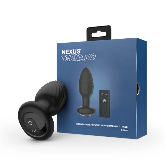Nexus Tornado black silicone anal plug beside blue retail box and remote