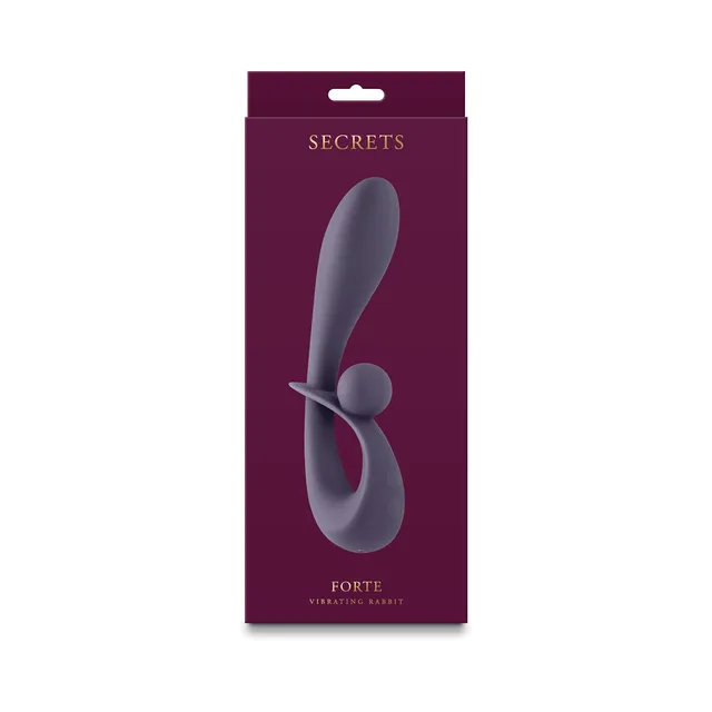 Secrets Forte gray curved rabbit vibrator pictured on burgundy box