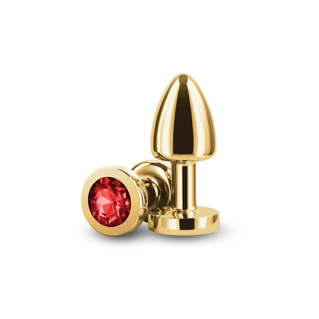 NS Novelties Rear Assets Petite gold aluminum anal plug with red jewel upright plug and red jewel base