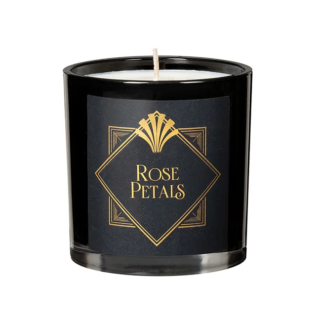 black glass Olivia's Boudoir Rose Petals candle with white wax and single wick