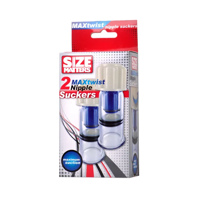 pair of clear Size Matters MAXtwist nipple suckers in silver retail box