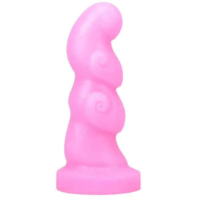 Left angle of pink Tantus Hookah with curved tip and spiral swirls