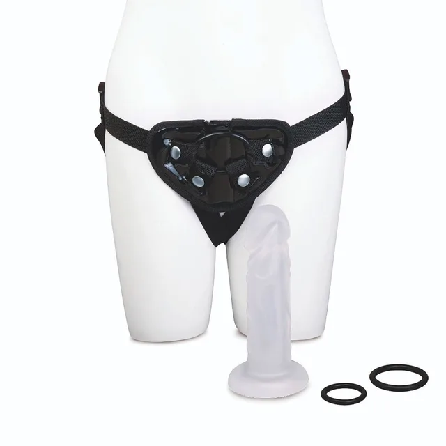 Black harness, frosted white dildo and three rings on mannequin
