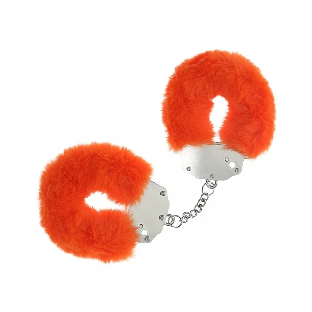 Shots Ouch bright-orange fluffy iron handcuffs joined by a short silver chain