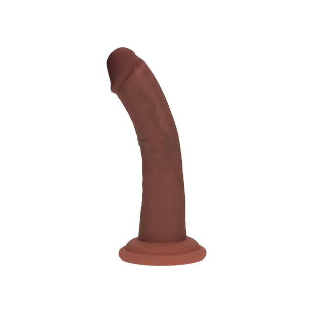 Shots Realrock 6-inch brown curved dual-density dildo front-left view of the curved shaft and round base