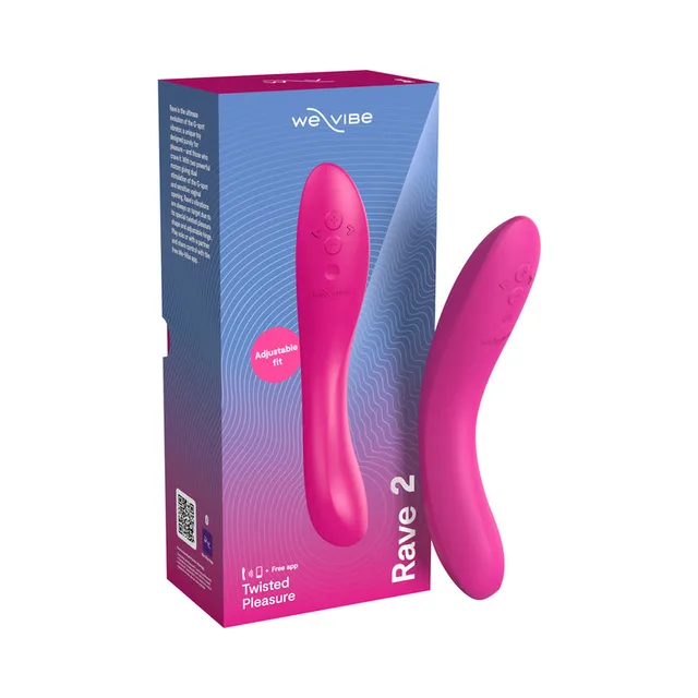 fuchsia curved We-Vibe Rave 2 vibrator beside blue and pink retail box