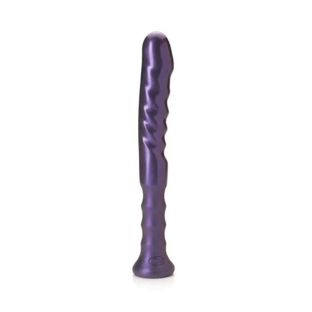 Purple Tantus Echo handle dildo with repeating ridges and tapered shaft